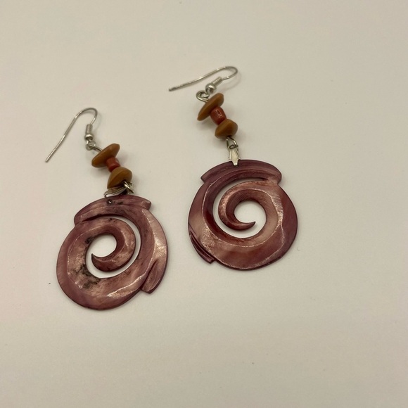 Vintage Swirl Shell Earrings Pink/Brown Boho Festival - Picture 4 of 5